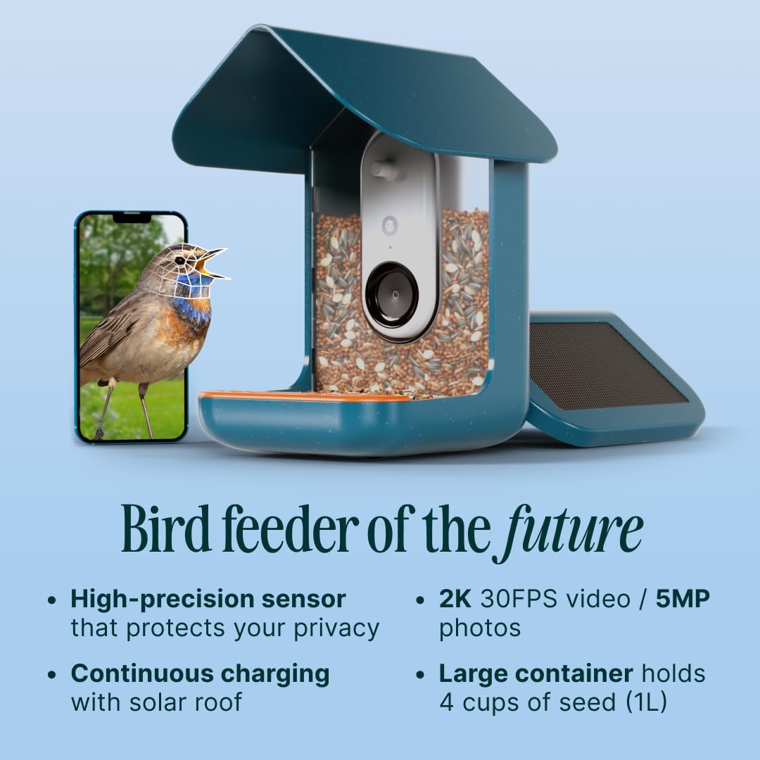 BIRD BUDDY® Original Solar Bird Feeder with Camera - AI Bird Species Identification, 5MP Photos, 2K HD+ Video Live Stream Camera, Solar-Powered Charging, 2.8in Focus - Blue