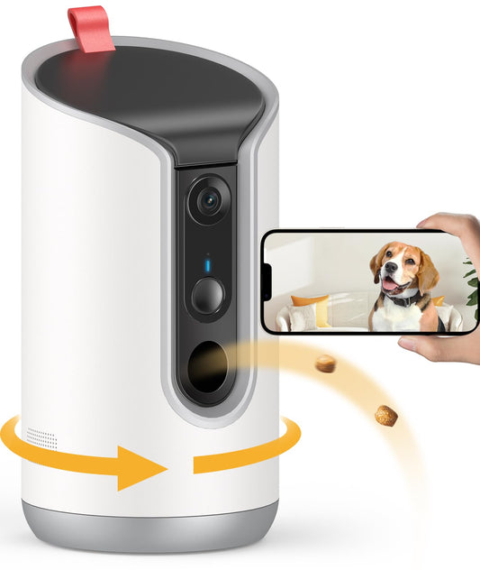 2K Pet Camera Treat Dispenser, 360°View Dog Camera with Phone App, 5G&2.4G WiFi 2-Way Talk Pet Camera Indoor for Cats Remote Treat Tossing, Motion Alerts, Auto Tracking