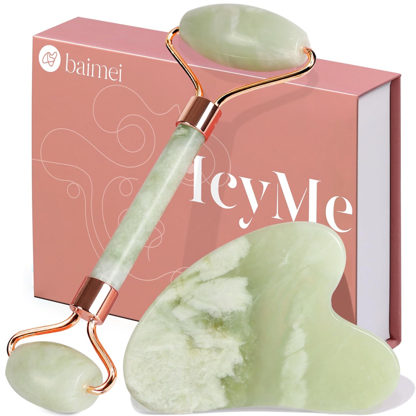 BAIMEI IcyMe Gua Sha & Jade Roller Facial Tools Face Roller and Gua Sha Set for Puffiness and Redness Reducing Skin Care Routine, Self Care Gift for Men Women - Green