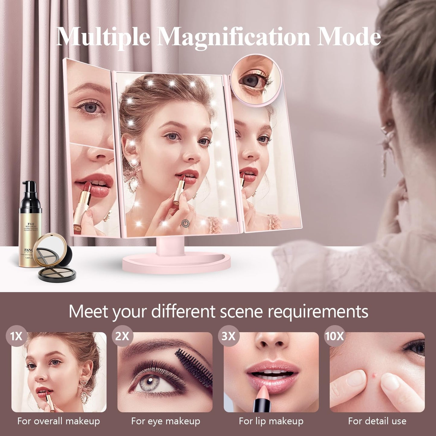 Makeup Mirror Vanity Mirror with Lights, 2X 3X 10X Magnification, Lighted Makeup Mirror, Touch Control, Trifold Makeup Mirror, Dual Power Supply, Portable LED Makeup Mirror, Women Gift (White)