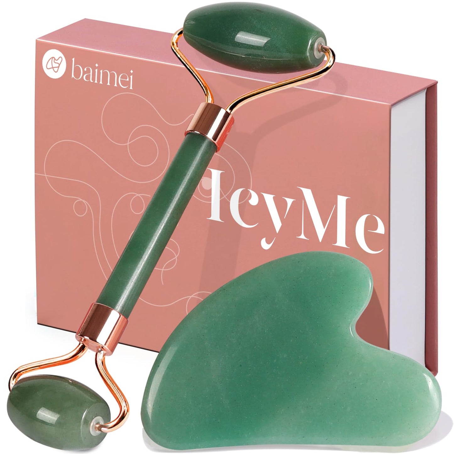 BAIMEI IcyMe Gua Sha & Jade Roller Facial Tools Face Roller and Gua Sha Set for Puffiness and Redness Reducing Skin Care Routine, Self Care Gift for Men Women - Green