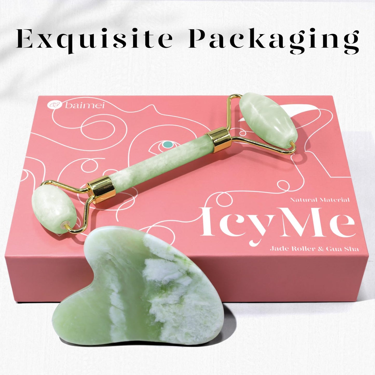 BAIMEI IcyMe Gua Sha & Jade Roller Facial Tools Face Roller and Gua Sha Set for Puffiness and Redness Reducing Skin Care Routine, Self Care Gift for Men Women - Green