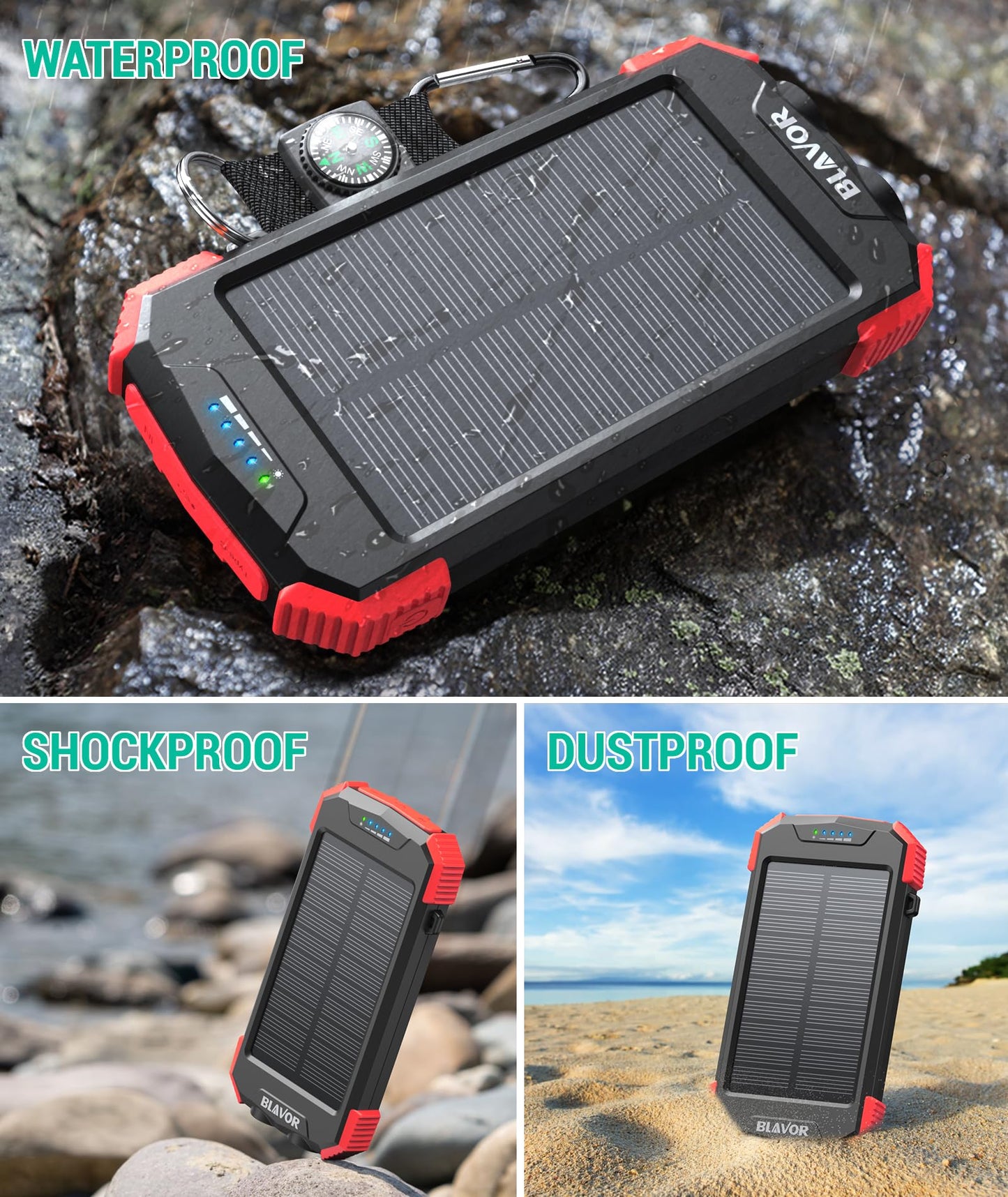 BLAVOR Solar Charger Power Bank 10,000mAh, Portable Wireless Charger, 20W Fast Charging External Battery Pack with USB C for Cell Phones, Solar Panel Charger with Dual Flashlight for Camping