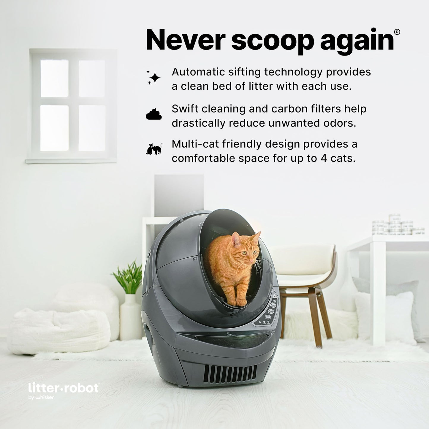 Litter-Robot 3 Connect by Whisker, Grey - Automatic, Self-Cleaning Cat Litter Box, Helps Reduce Litter Box Odors, Works with Almost Any Clumping Litter, WhiskerCare 1-Year Warranty